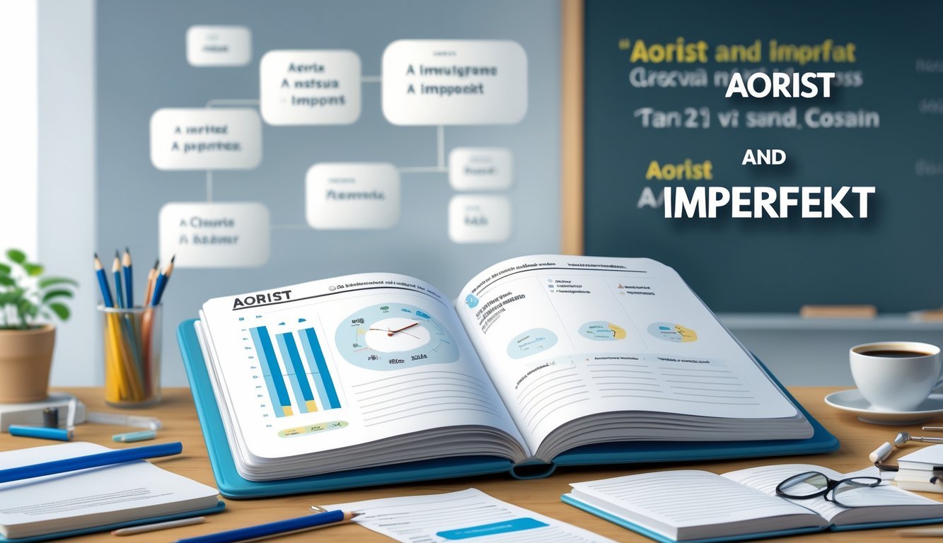 Stol s otvorenom knjigom za učenje hrvatskih prošlih vremena, okružen olovkama, šalicom kave i naočalama za čitanje.