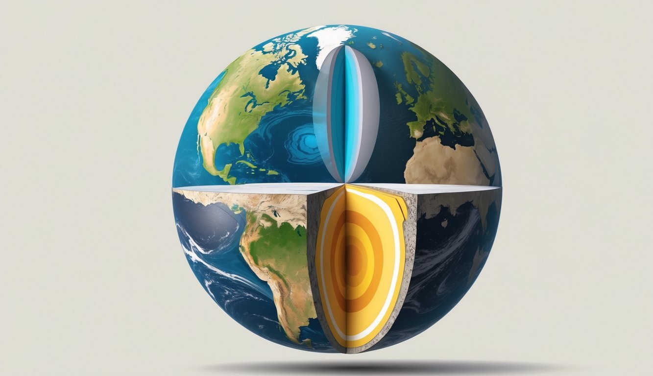 Prikaz presjeka Zemlje koji pokazuje njezinu unutarnju strukturu s jezgrom, plaštem i korom.