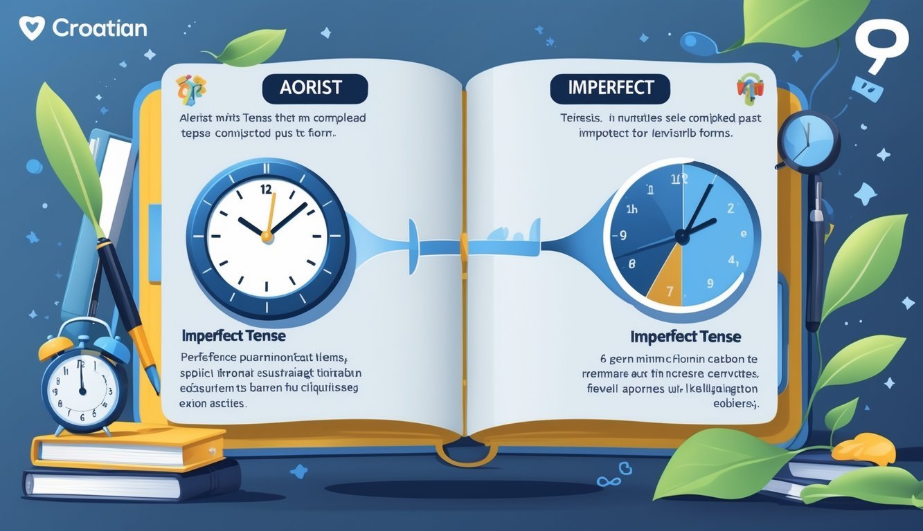 Ilustracija koja prikazuje ključne značajke imperfekta i aorista kroz simbole sata i vremenske linije, uz elemente povezane s učenjem jezika.