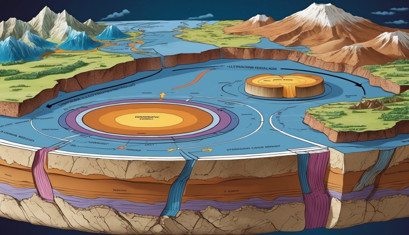 Prikaz litosfernih ploča i procesa na Zemljinoj površini s prikazom kora, planina, oceana i vulkanske aktivnosti.