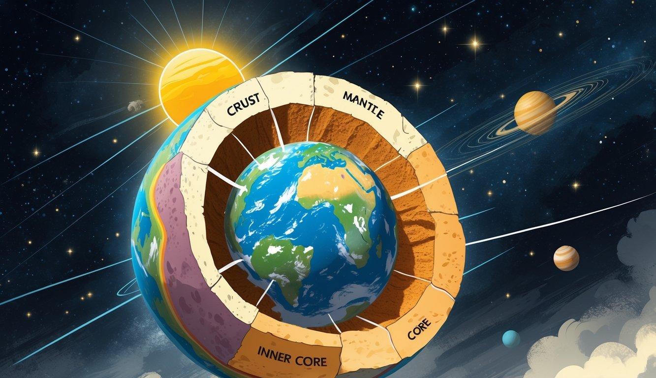 Presjek Zemlje koji prikazuje slojeve unutrašnjosti uz prikaz Sunca i planeta Sunčevog sustava u pozadini.