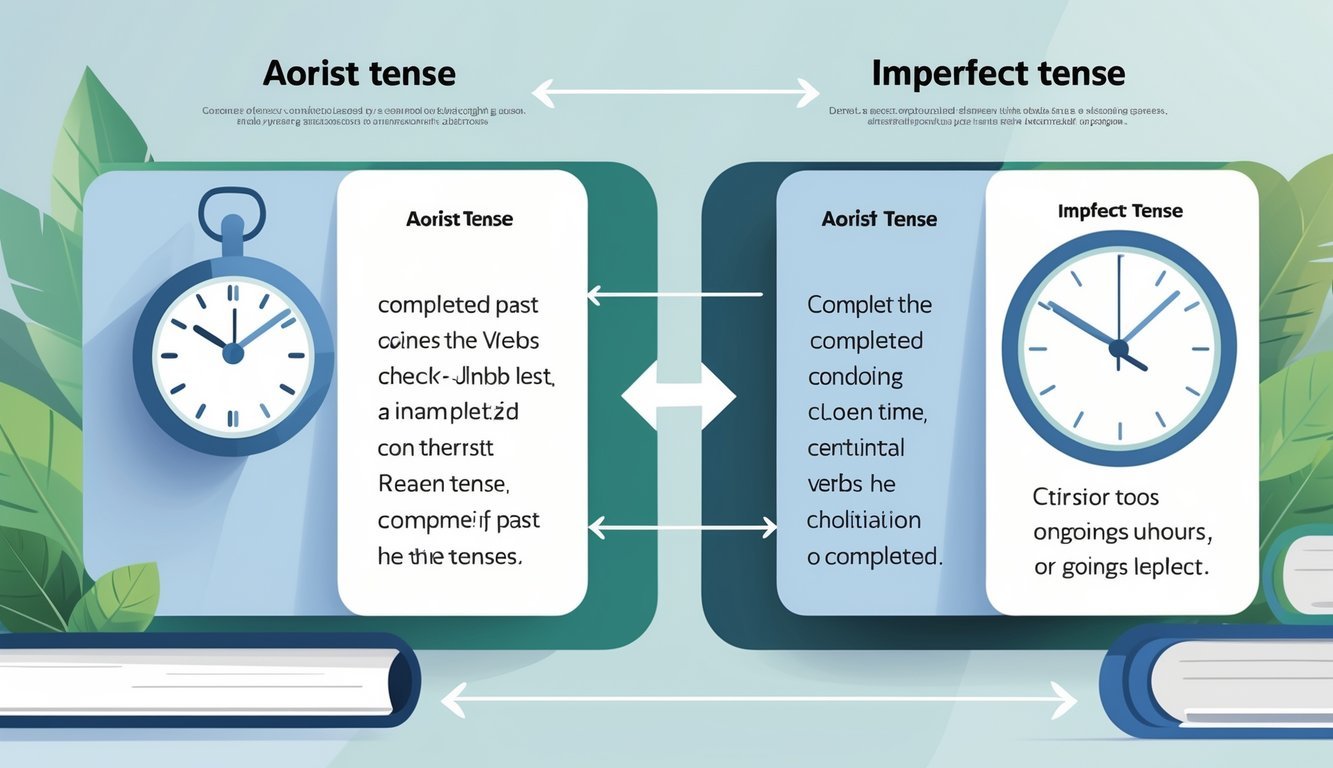 Ilustracija koja prikazuje razlike između aorista i imperfekta kroz dvije povezane slike s simbolima vremena i radnji.