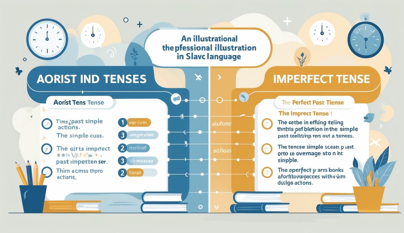 Ilustracija koja prikazuje usporedbu aorista i imperfekta s prikazom vremenskih linija i simbola učenja jezika.