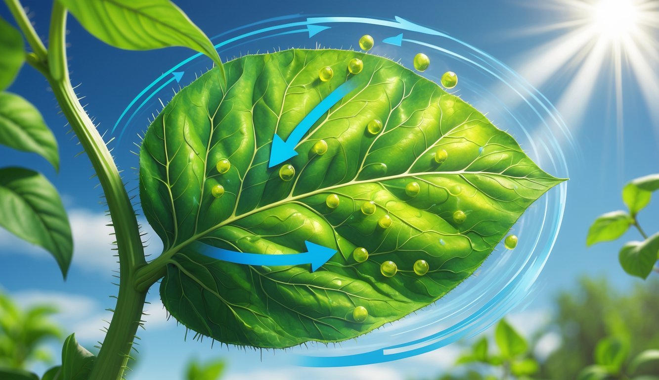 Ilustracija procesa fotosinteze s listom na kojem sunčeva svjetlost ulazi, prikazom ulaska ugljičnog dioksida i vode te izlaska kisika.