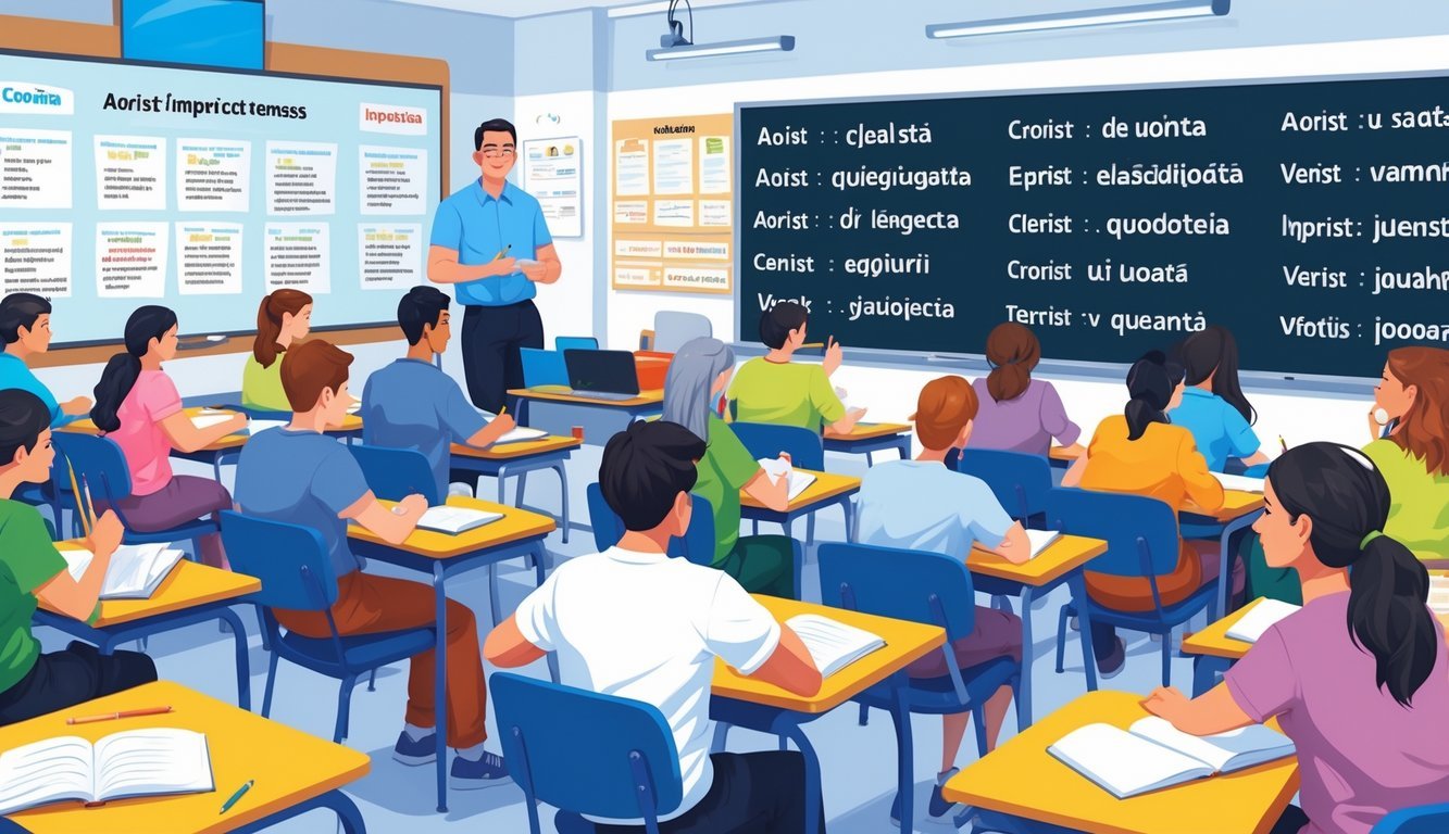 Učionica s učenicima i učiteljem koji rade vježbe iz hrvatskog jezika o aoristu i imperfektu.