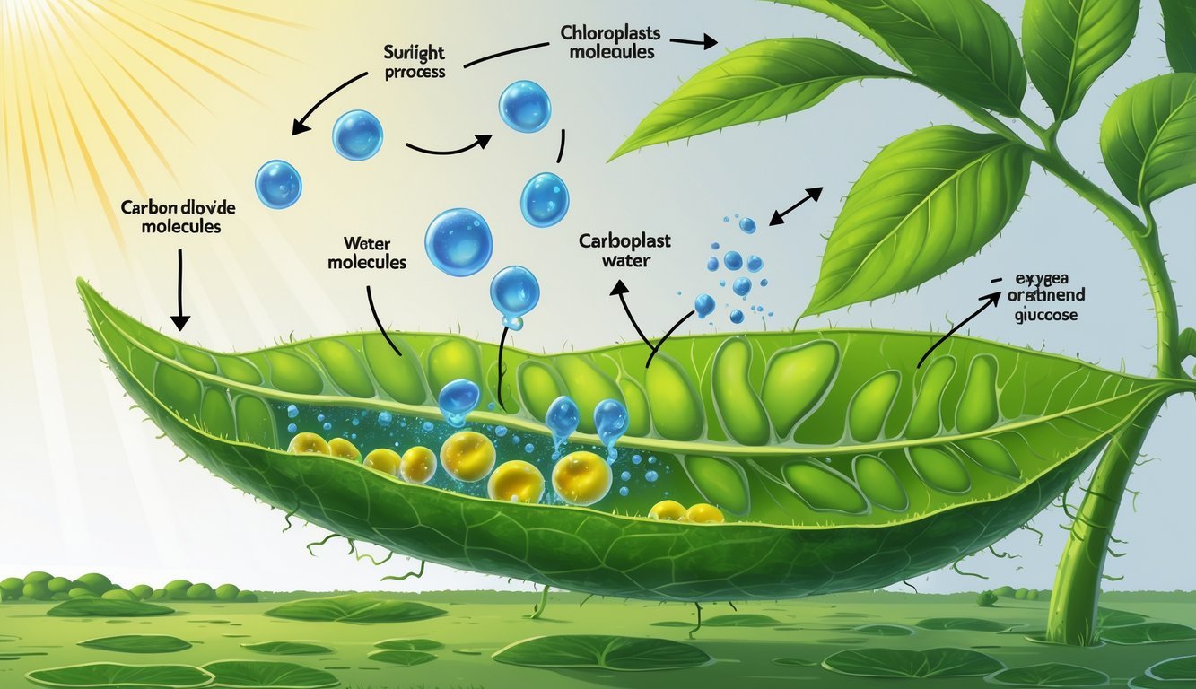 Ilustracija lista koji provodi fotosintezu, prikazujući upijanje svjetlosti, vode i ugljičnog dioksida te proizvodnju kisika i glukoze.