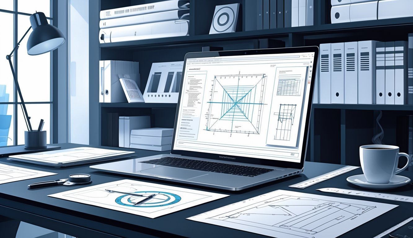 Radni stol s prijenosnim računalom koje prikazuje tehnički dijagram, okružen tehničkim dokumentima i alatima za crtanje.