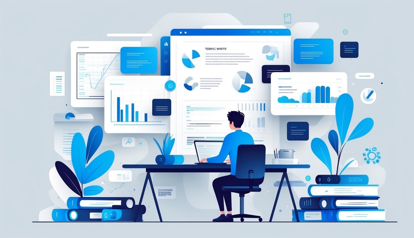 Osoba sjedi za uredskim stolom i radi na prijenosnom računalu, okružena simbolima tehničkih dokumenata poput planova i dijagrama.