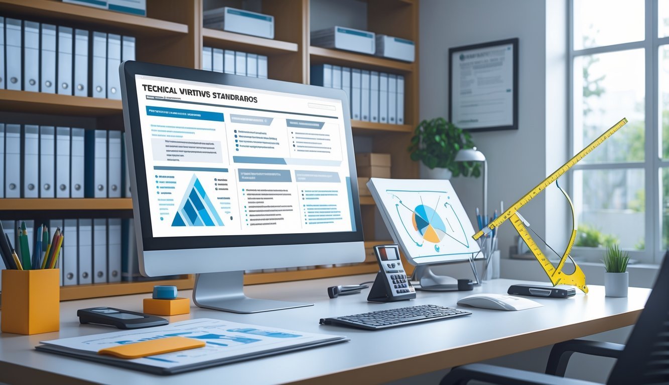 Radni prostor s računalom i tehničkim alatima koji prikazuju organizaciju i preciznost u tehničkom pisanju.