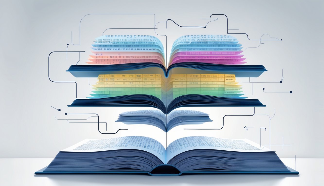 Prikaz otvorene knjige s nekoliko prozirnih slojeva iznad nje, svaki sloj s različitim skupom riječi, povezanih apstraktnim linijama koje simboliziraju različite razine leksika.