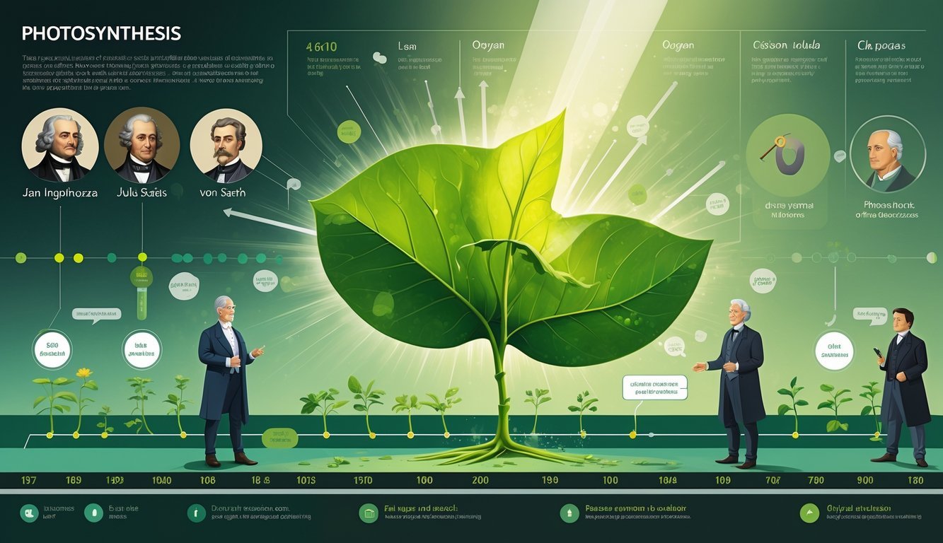 Prikaz povijesti i važnih otkrića u proučavanju fotosinteze s likovima koji promatraju biljke i ilustracijom lista koji prima sunčevu svjetlost.