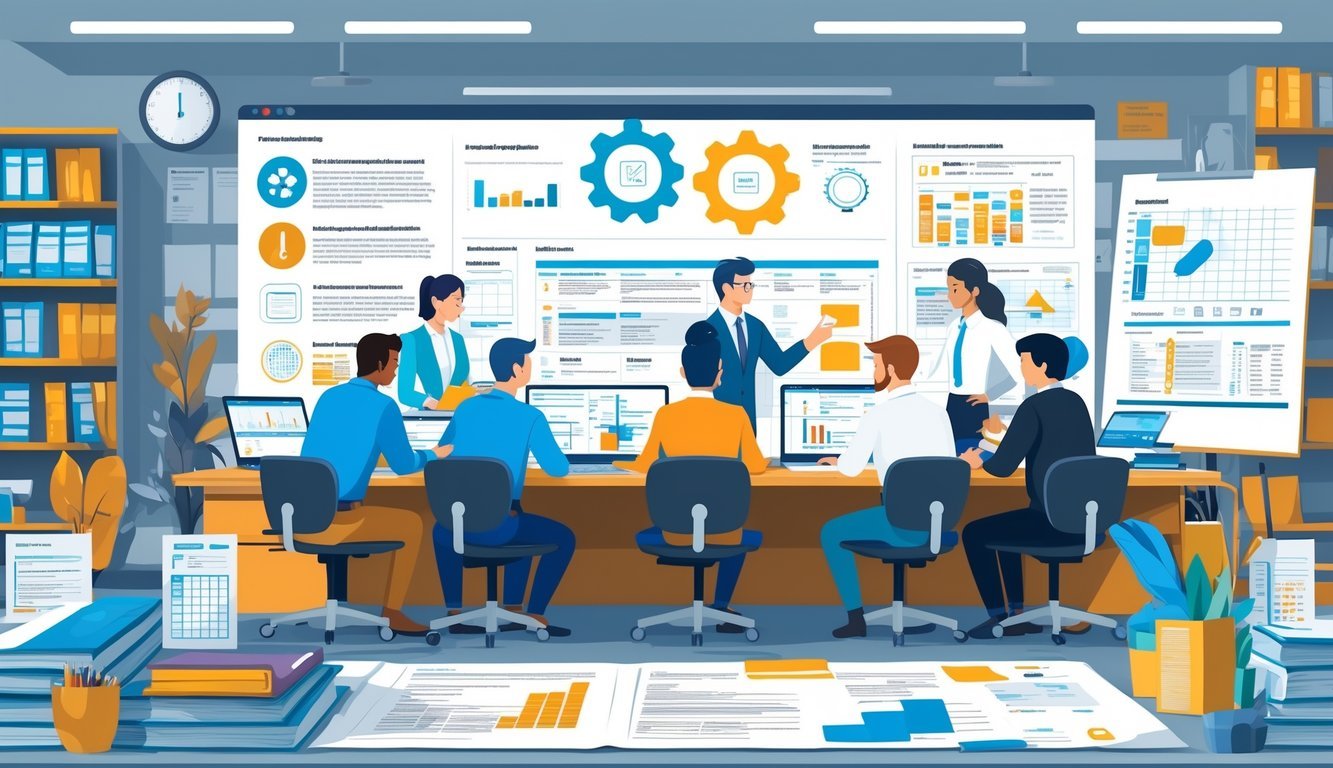 Skupina stručnjaka okupljena oko stola s dokumentima i uređajima, okružena ilustracijama tehničkog pisma i njihovih primjena.