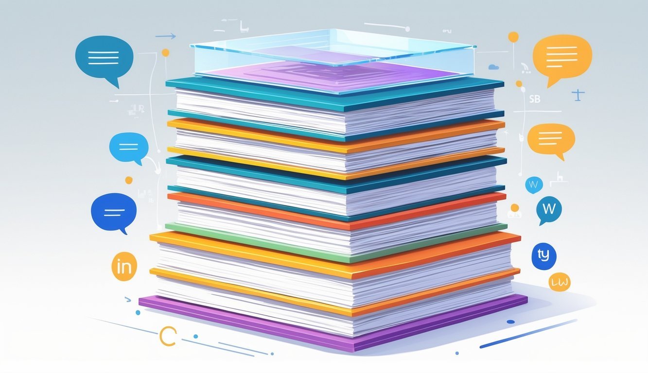 Prikaz slojeva knjiga koji simboliziraju različite razine i slojeve riječi u jeziku.