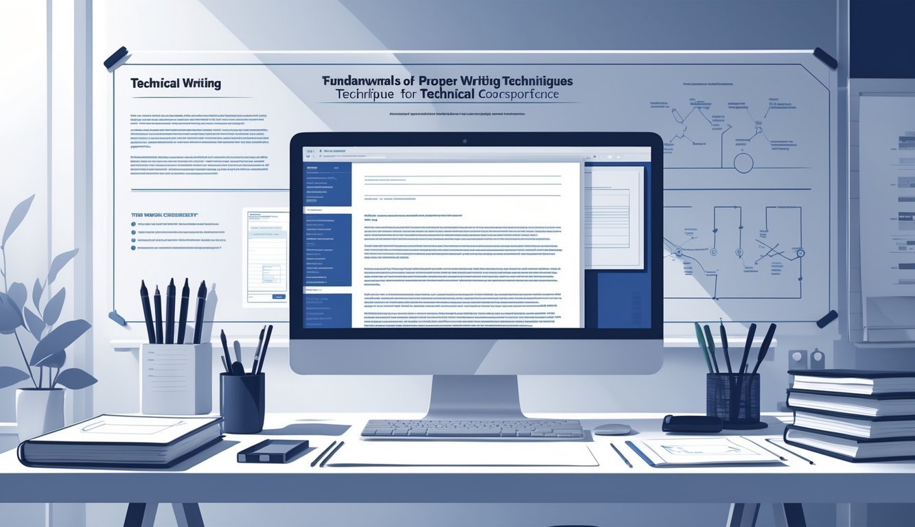 Radni stol s računalom i uredskim priborom, okružen dijagramima i tehničkim skicama na zidu.