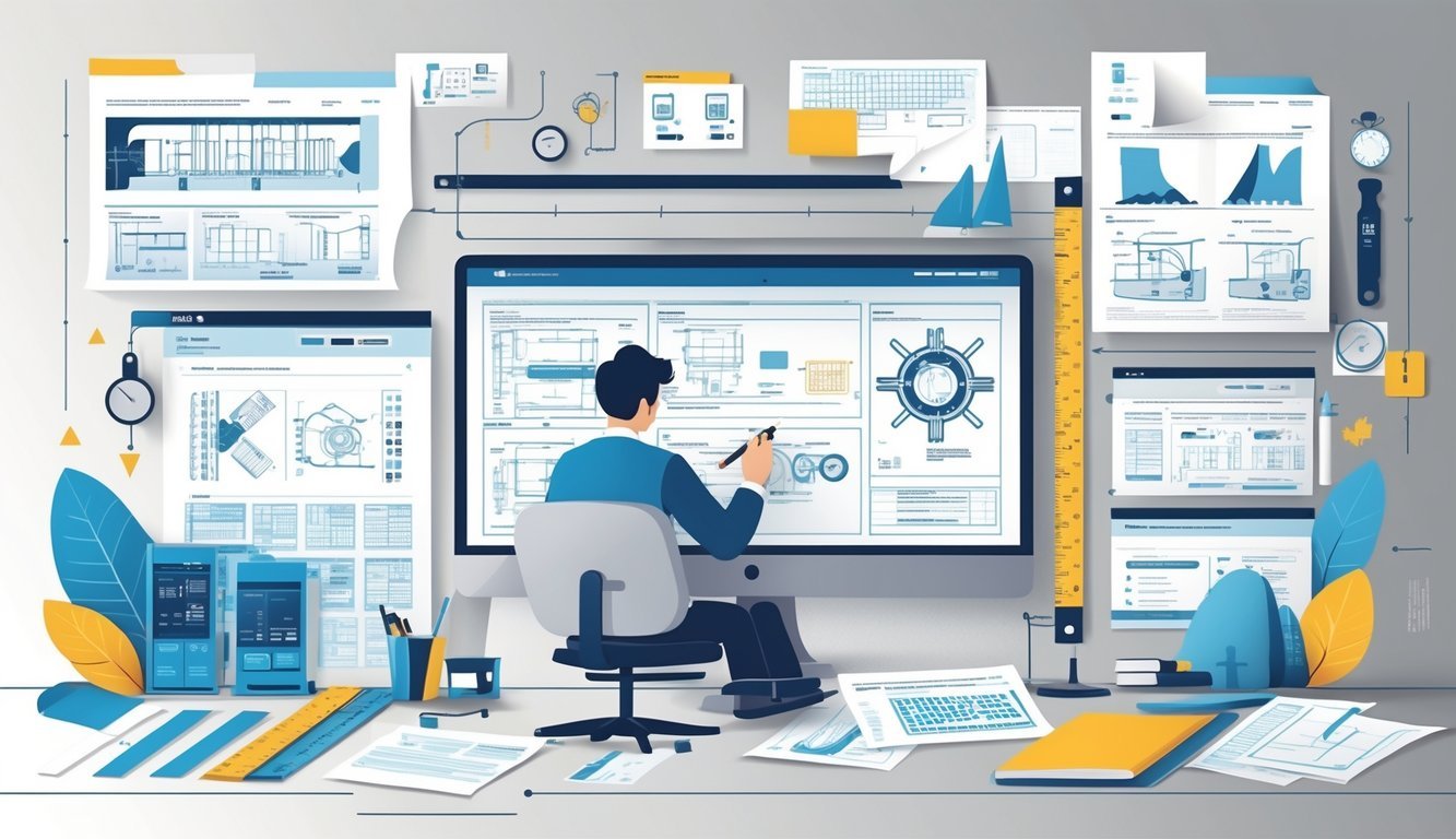 Osoba za stolom pregledava tehničke dokumente i dijagrame u uredskom okruženju.