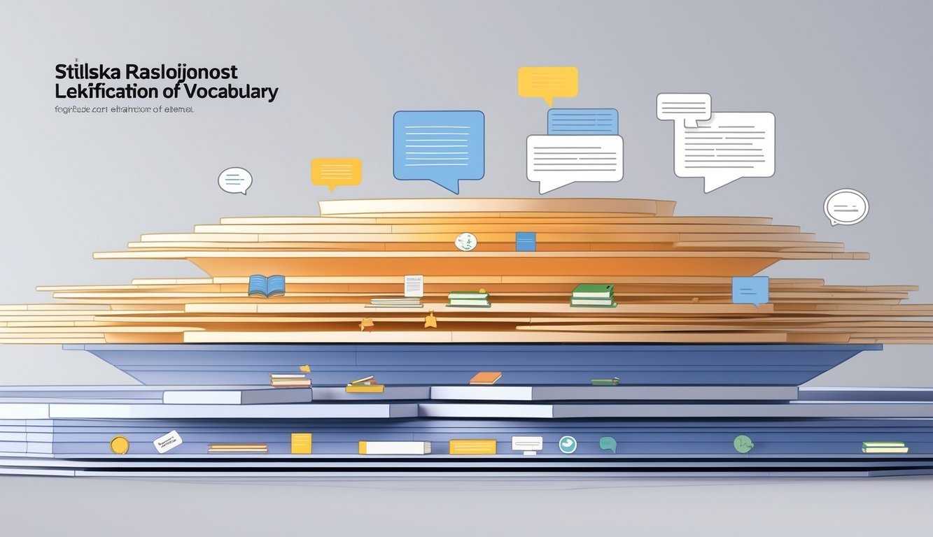 Slika prikazuje slojeve koji predstavljaju različite stilove jezika, od formalnog do neformalnog, prikazane kao horizontalni slojevi s simbolima poput knjiga i govornim oblačićima.