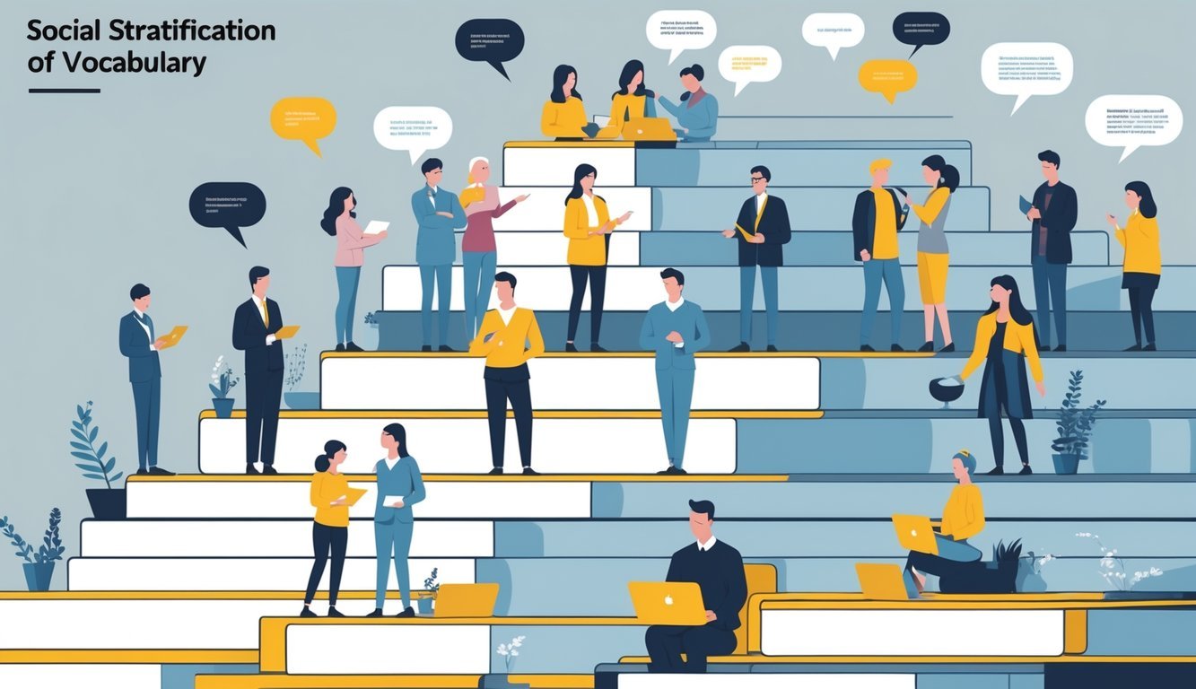 Prikaz različitih ljudi raspoređenih u slojeve koji simboliziraju društvene slojeve i različite stilove govora.