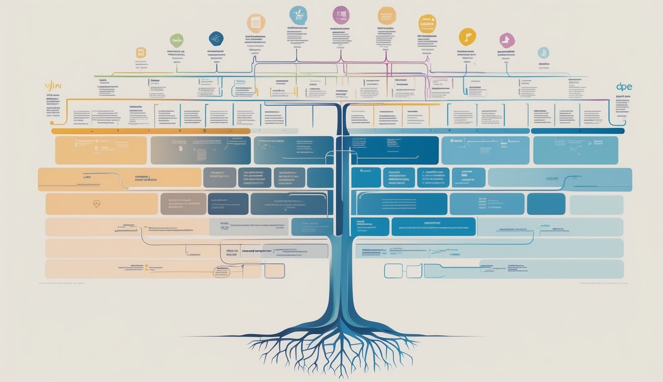 Ilustracija slojevite podjele riječi prema podrijetlu i upotrebi, prikazana kroz dijagram s granama i simbolima koji predstavljaju različite izvore i načine korištenja riječi.