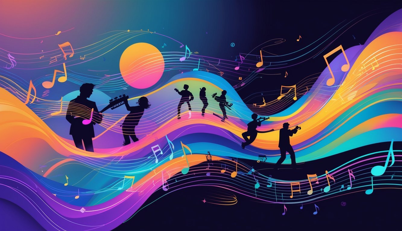 Apstraktna scena s glazbenim notama, valovima i ljudima koji plešu i sviraju instrumente, prikazujući ritam u pjesmi.