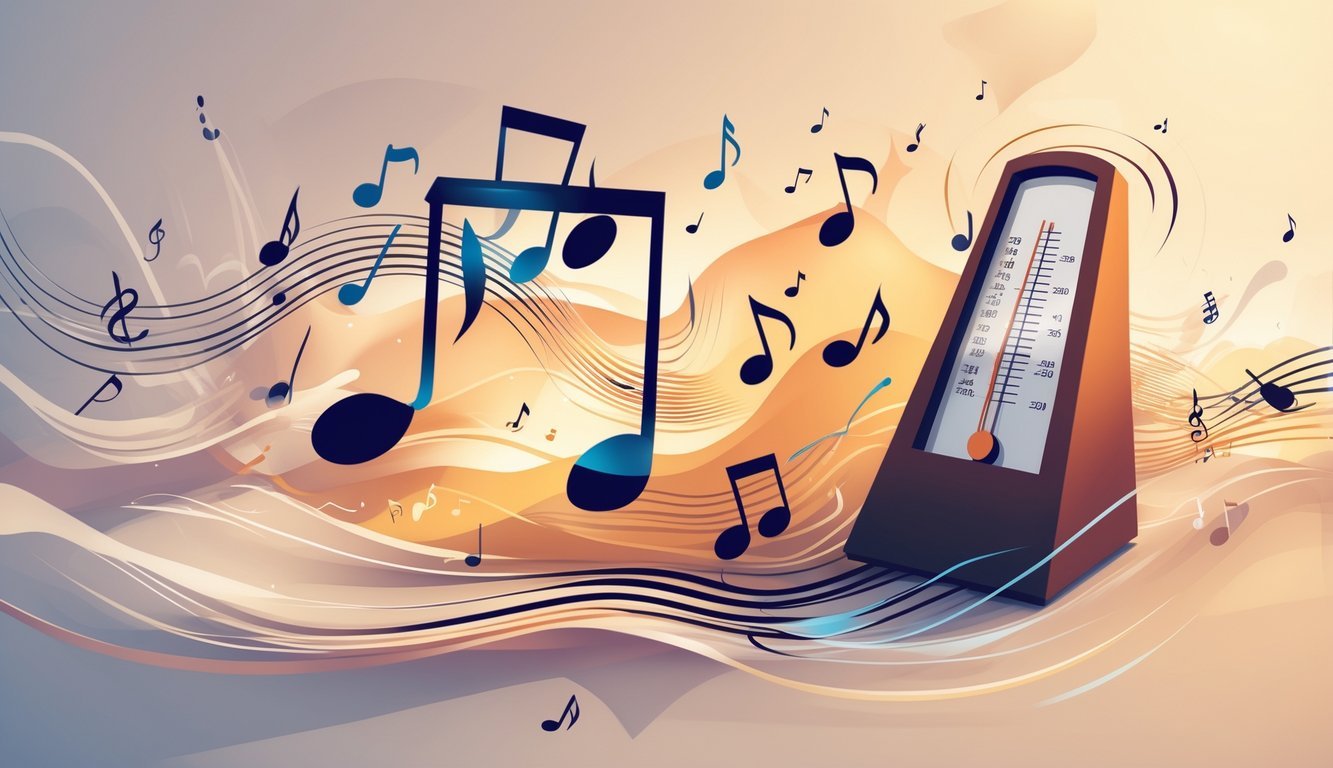 Ilustracija koja prikazuje glazbene note, zvučne valove i mehanički metronom koji simboliziraju ritam u pjesmi.