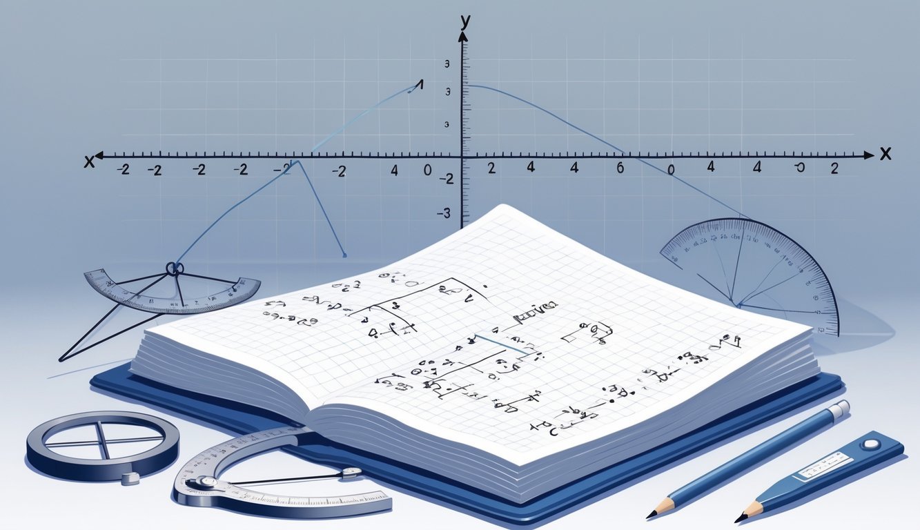 Ilustracija bilježnice s matematičkim izrazima i grafovima parabola koji prikazuju kvadratne jednadžbe.
