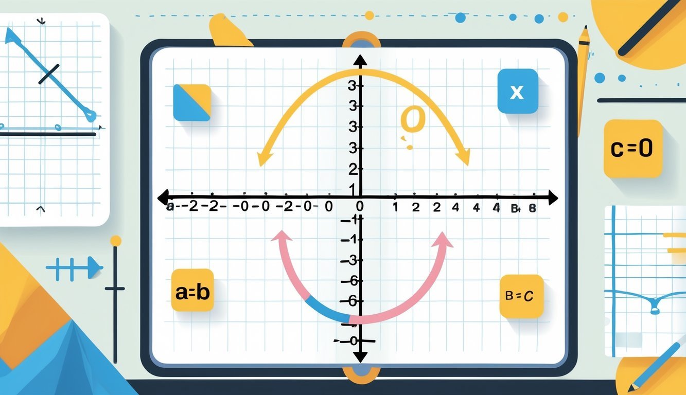 Ilustracija matematičke jednadžbe kvadratne funkcije s grafom parabole i simbolima koeficijenata.