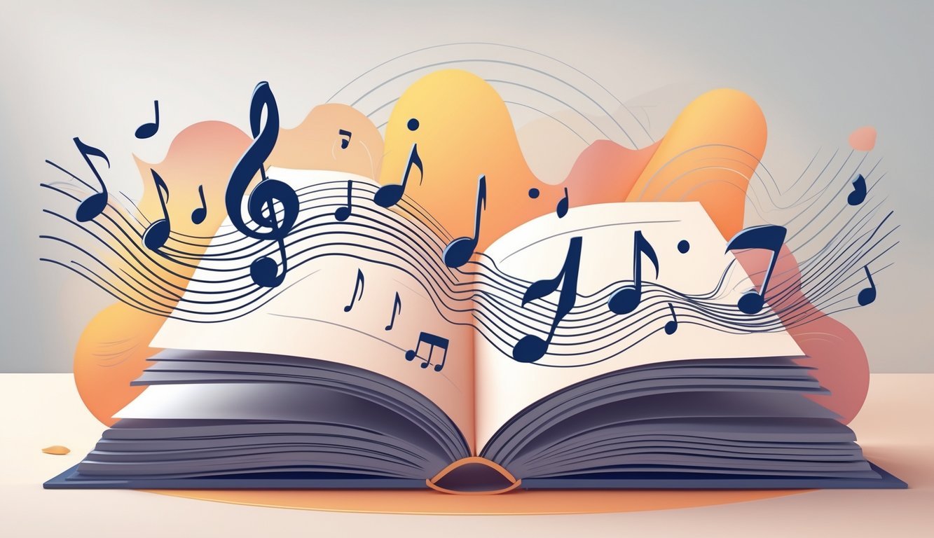 Otvorena knjiga iz koje izlaze glazbene note i ritmički valovi, okružena apstraktnim oblicima koji predstavljaju elemente pjesničkog ritma.