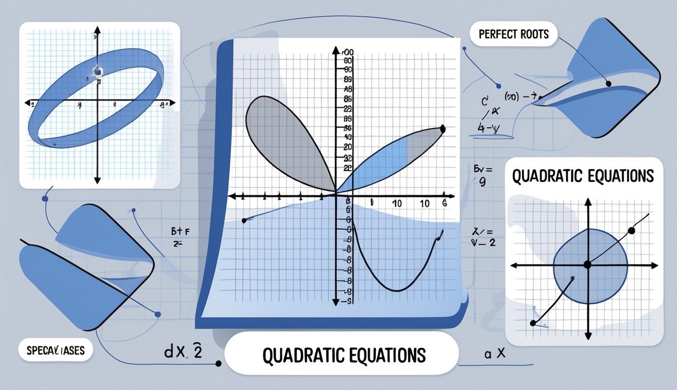 Grafikon s parabolom koji prikazuje različite vrste i posebne slučajeve kvadratnih jednadžbi s označenim vrhom, osi simetrije i korijenima.