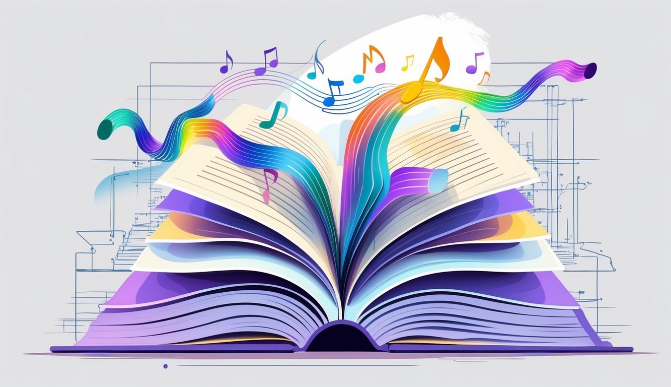 Otvorena knjiga iz koje izlaze glazbene note i valoviti uzorci koji simboliziraju ritam u poeziji, okružena geometrijskim oblicima i tehničkim linijama.