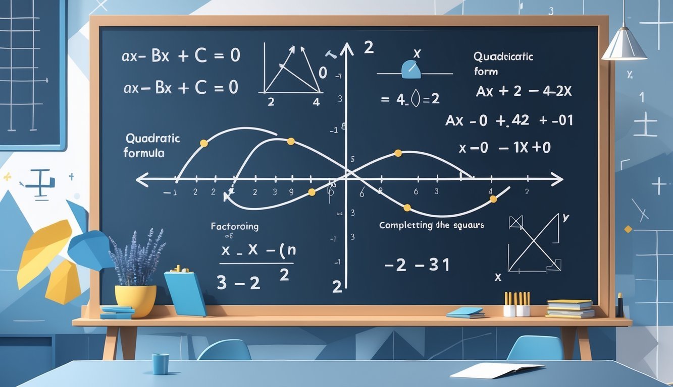 Ilustracija ploče s matematičkim formulama i grafom parabole u učionici.