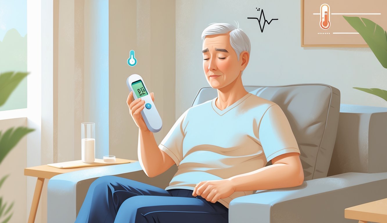 Osoba sjedi u kućnom okruženju s blago crvenim licem i termometrom u ruci, što pokazuje blagu povišenu temperaturu.