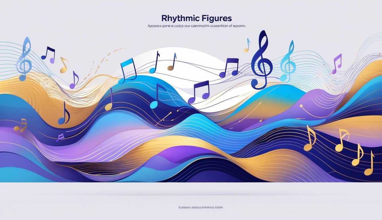 Apstraktna ilustracija koja prikazuje ritmičke figure kroz valovite i ponavljajuće oblike povezane s ritmom u pjesmi.