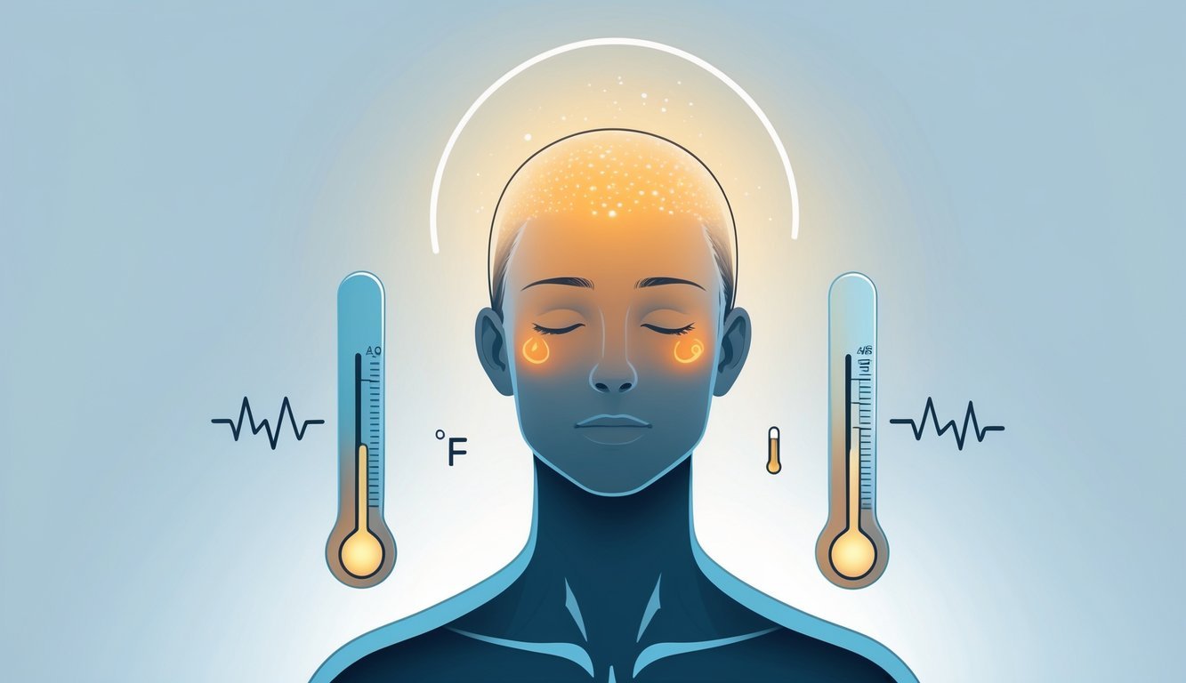 Ljudska figura s blagim toplinskim sjajem oko glave i termometrom koji pokazuje blago povišenu temperaturu.