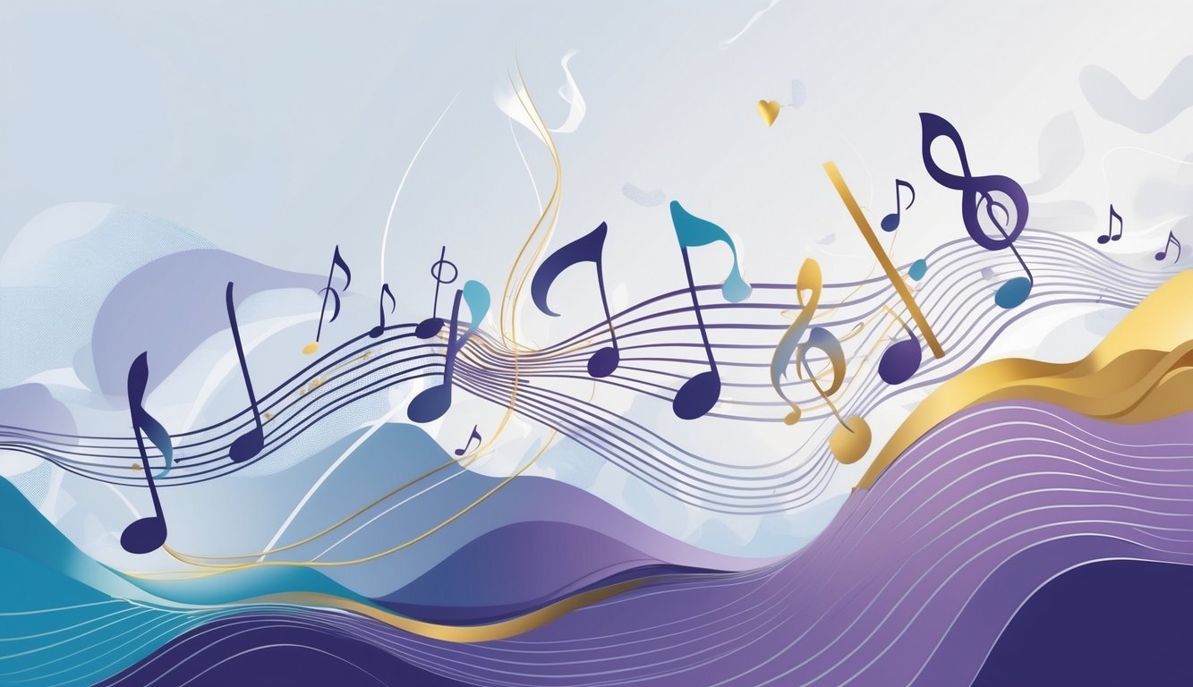 Ilustracija koja prikazuje ritam u pjesmi s glazbenim notama i valovima koji simboliziraju pokret i tempo.