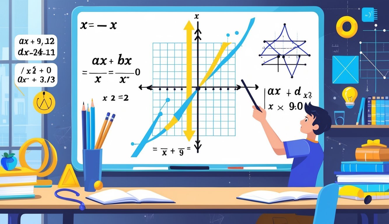 Prikaz osobe koja objašnjava graf kvadratne jednadžbe s paraboličnom krivuljom i matematičkim simbolima u učionici.
