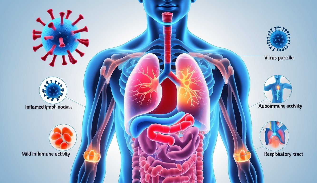 Ilustracija ljudskog tijela s prikazom unutarnjih organa i simbolima glavnih uzroka subfebrilnosti poput infekcija, upaljenih limfnih čvorova i blage upale dišnih putova.