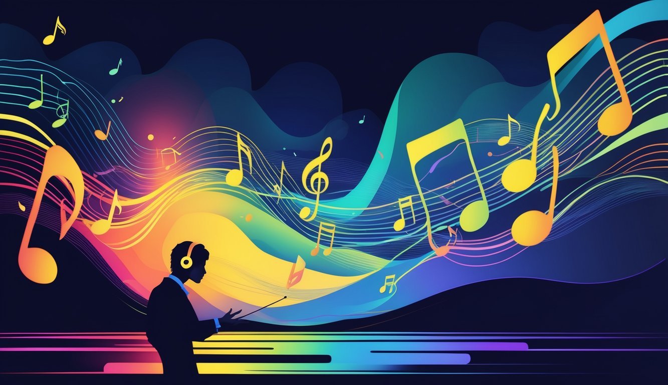 Apstraktna scena koja prikazuje glazbene note i valove koji simboliziraju ritam i ton pjesme, uz siluetu osobe koja sluša glazbu s slušalicama.