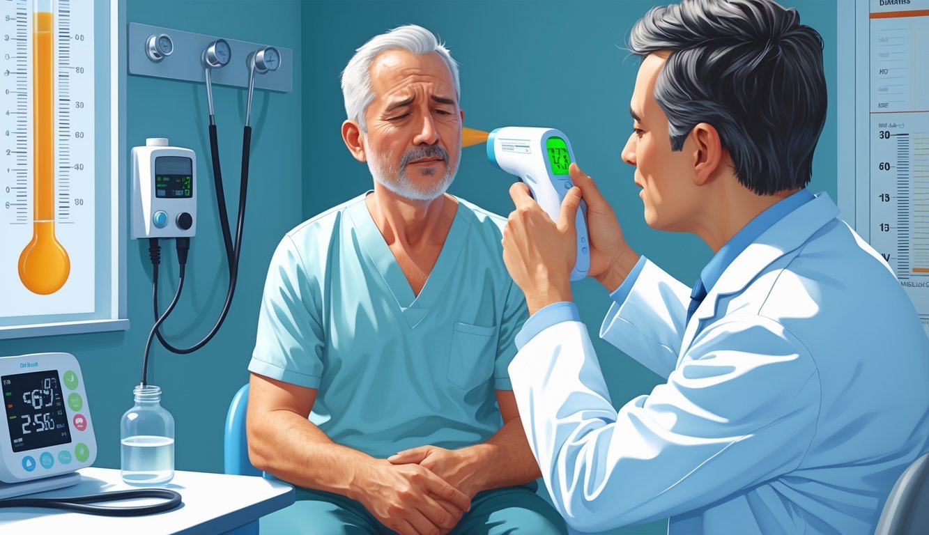 Pacijent srednje dobi sjedi u liječničkoj ordinaciji dok mu liječnik mjeri temperaturu čela digitalnim toplomjerom.