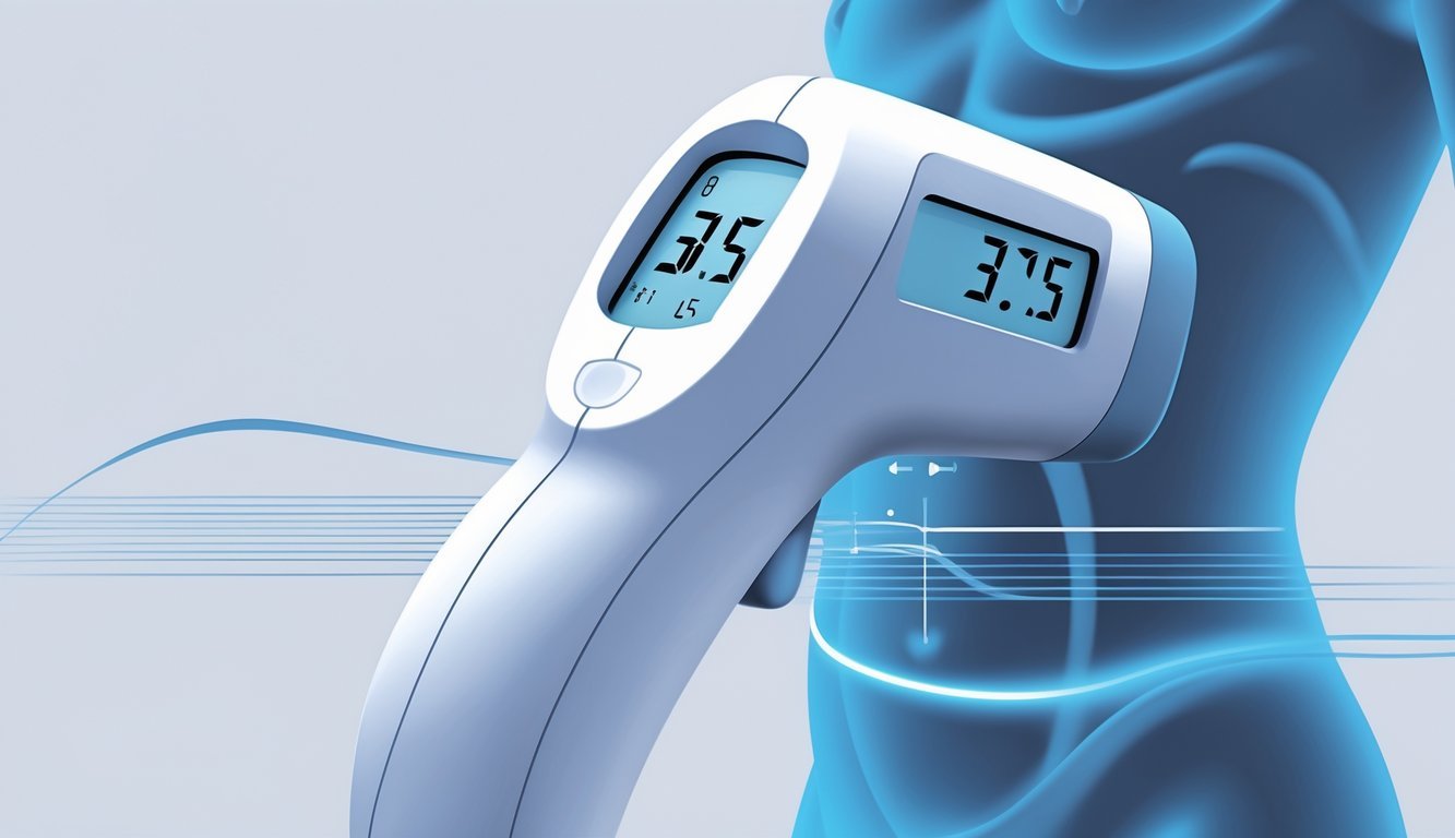 Prikaz digitalnog toplomjera koji mjeri blago povišenu tjelesnu temperaturu uz prikaz ljudskog tijela s označenim područjima za mjerenje temperature.