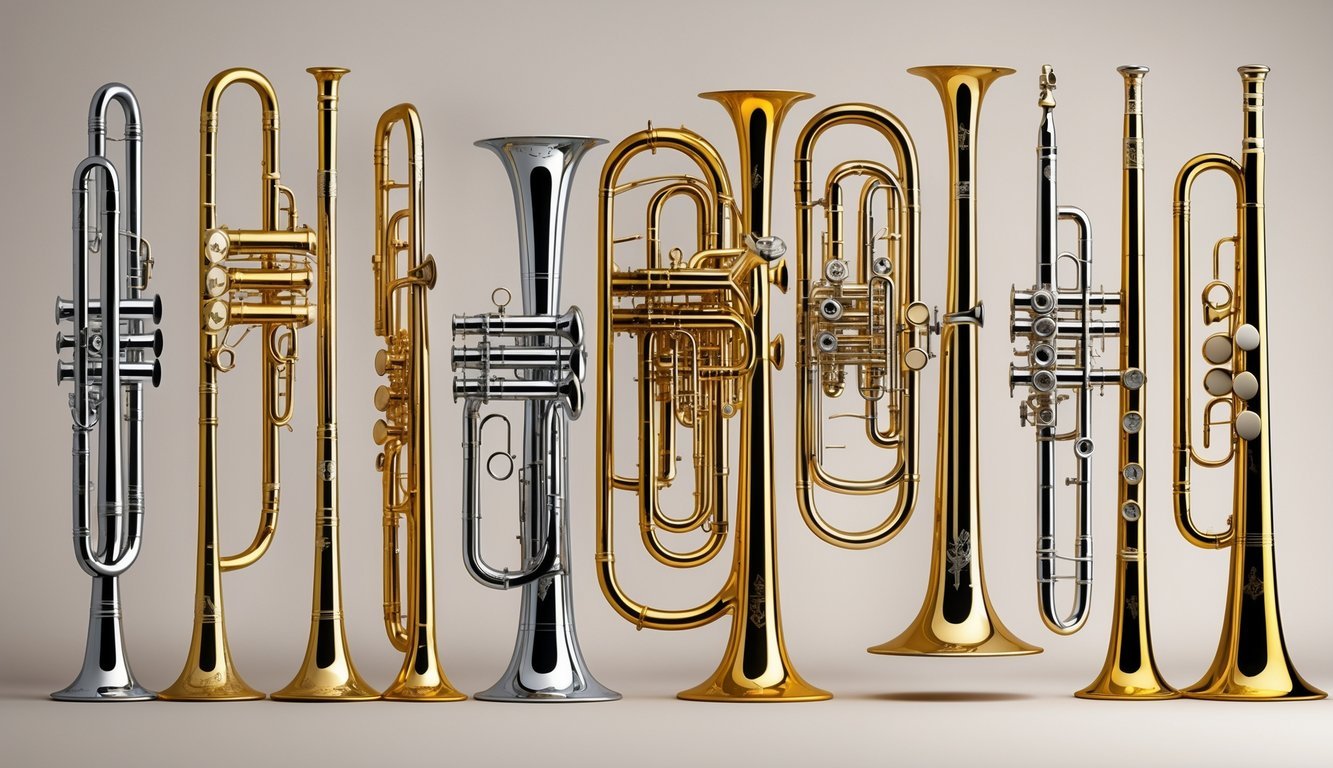 Različite vrste limenih puhačkih glazbala poput truba, trombona, francuskih rogova i tuba prikazane su na neutralnoj pozadini.
