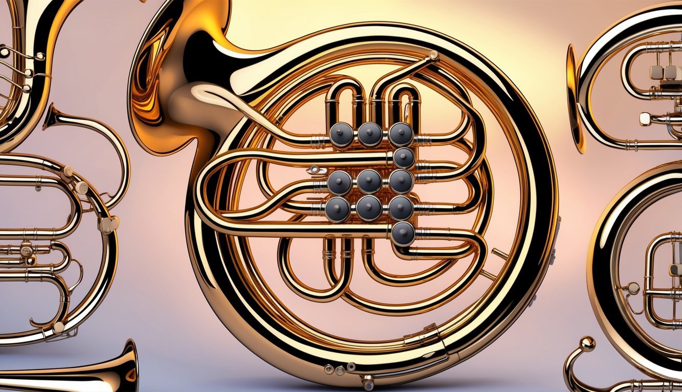 Francuski rog na sredini slike s detaljnim prikazom njegovih zavinutih cijevi i sjajne metalne površine, okružen simbolima limenih puhačkih glazbala.