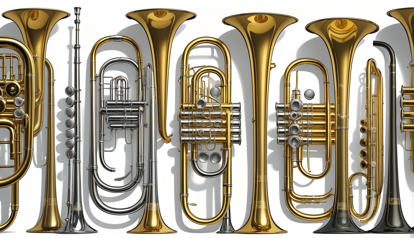 Ilustracija koja prikazuje mehanizme i dijelove limenih puhačkih glazbala poput trube, trombona i tuba, s vidljivim unutarnjim komponentama.