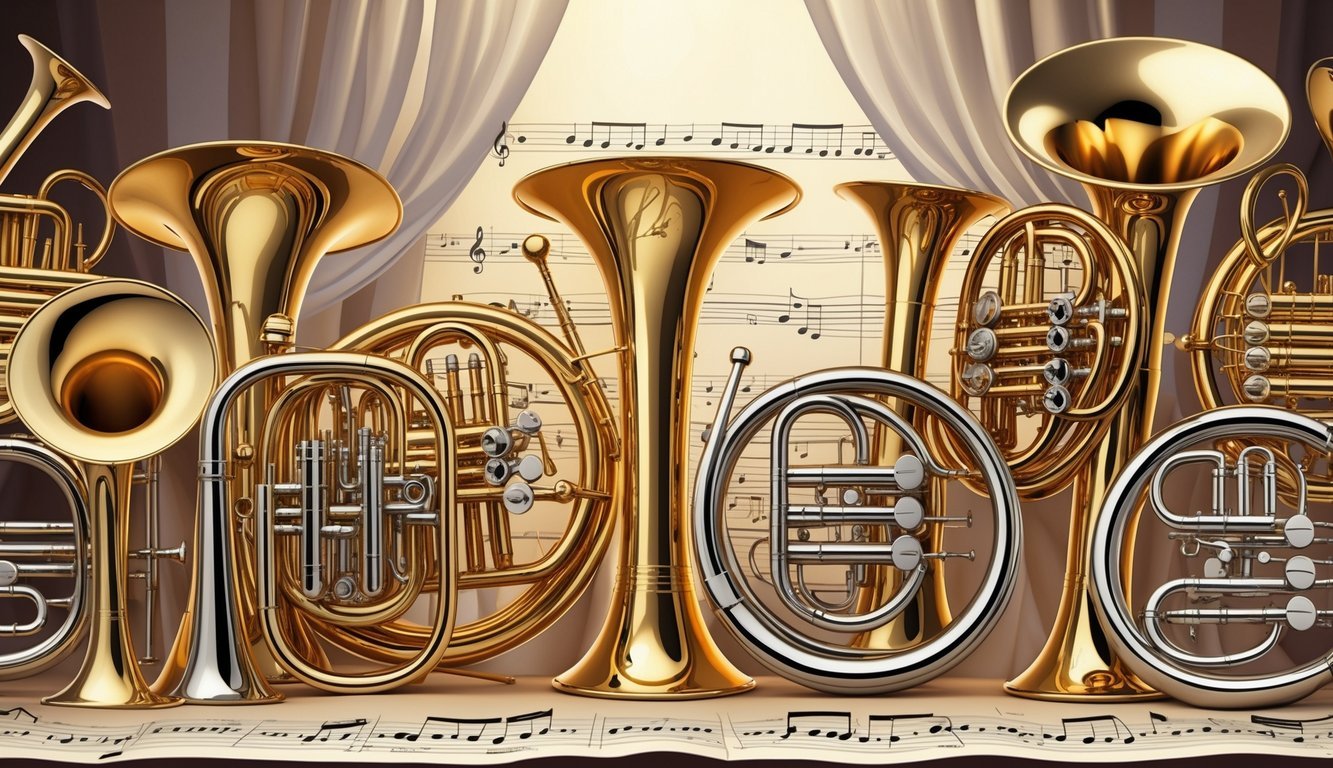Prikaz različitih limenih puhačkih glazbala poput trube, trombona, roga i tuba, složenih zajedno u glazbenom okruženju.